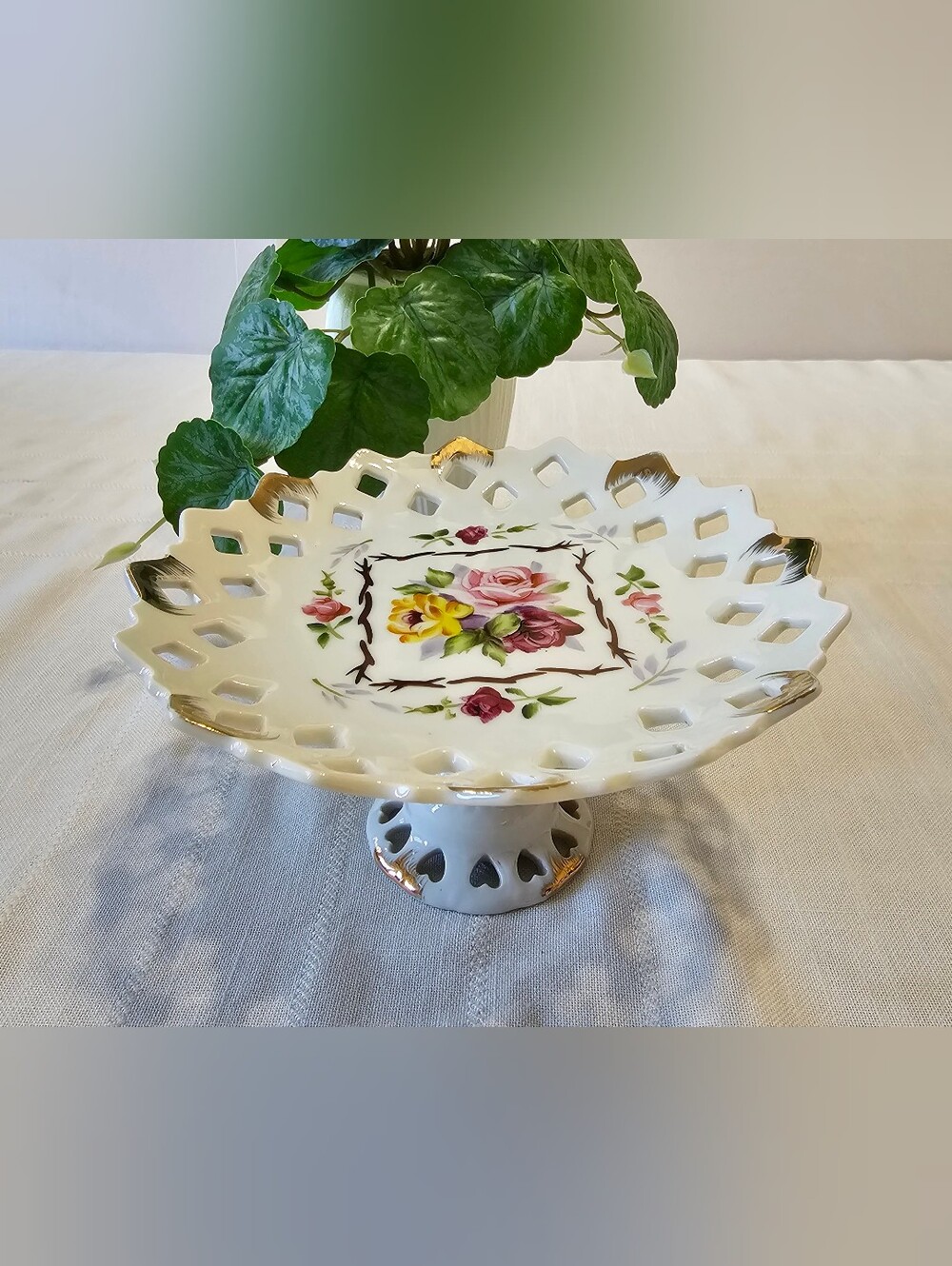 Vintage ESD Japan Hand Painted Floral Reticulated Pedestal Compote 1950s–60s